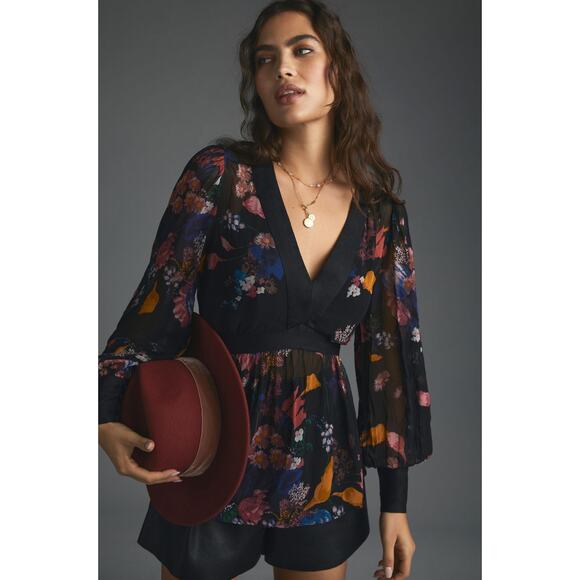 Anthropologie Maeve Floral Chiffon Blouse Open Back Tunic Cottagecore US 4 NWT - Picture 1 of 16